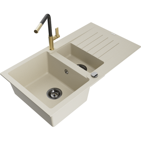 Mexen Matias Granitspüle 1,5-Kammern mit Abtropffläche und Küchenarmatur Flora, beige - 6502-69-670401-57-B
