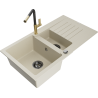 Mexen Matias Granitspüle 1,5-Kammern mit Abtropffläche und Küchenarmatur Flora, beige - 6502-69-670401-57-B