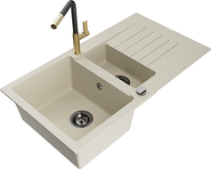 Mexen Matias Granitspüle 1,5-Kammern mit Abtropffläche und Küchenarmatur Flora, beige - 6502-69-670401-57-B
