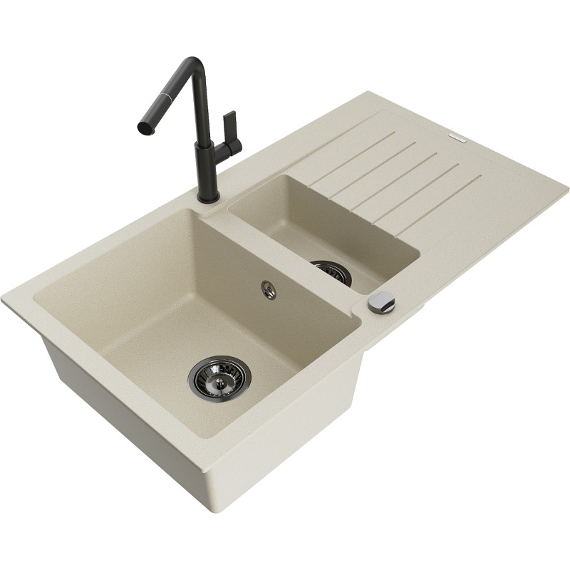 Mexen Matias Granitspüle 1,5-beckig mit Abtropffläche und Küchenarmatur Flora, beige - 6502-69-670401-70-B