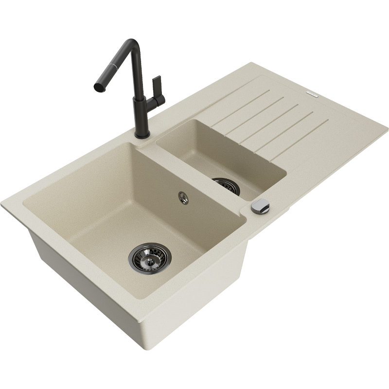 Mexen Matias Granitspüle 1,5-Kammer mit Abtropffläche und Küchenarmatur Flora, beige - 6502-69-670401-70-B