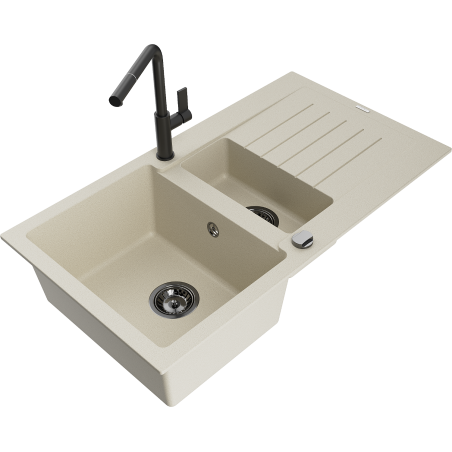 Mexen Matias Granitspüle 1,5-beckig mit Abtropffläche und Küchenarmatur Flora, beige - 6502-69-670401-70-B