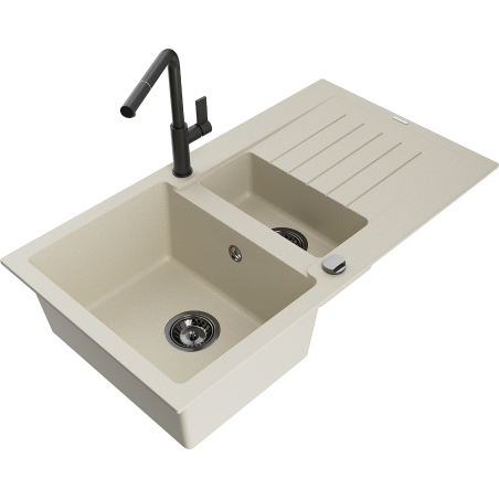 Mexen Matias Granitspüle 1,5-Kammer mit Abtropffläche und Küchenarmatur Flora, beige - 6502-69-670401-70-B