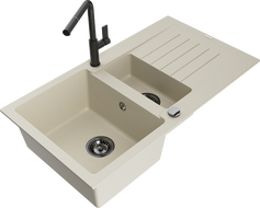 Mexen Matias Granitspüle 1,5-Kammer mit Abtropffläche und Küchenarmatur Flora, beige - 6502-69-670401-70-B