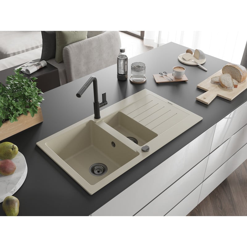 Mexen Matias Granitspüle 1,5-Kammer mit Abtropffläche und Küchenarmatur Flora, beige - 6502-69-670401-70-B
