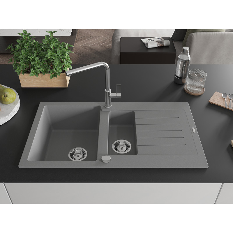 Mexen Matias Granitspüle 1,5-Becken mit Abtropffläche und Küchenarmatur Flora, Grau - 6502-71-670401-00