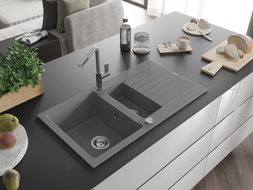 Mexen Matias Granitspüle 1,5-Becken mit Abtropffläche und Küchenarmatur Flora, grau - 6502-71-670401-06