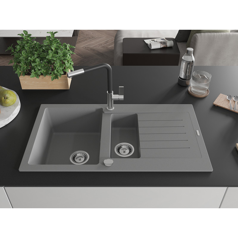 Mexen Matias Granitspüle 1,5-Becken mit Abtropffläche und Küchenarmatur Flora, grau - 6502-71-670401-07