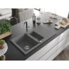 Mexen Matias Granitspüle 1,5-Becken mit Abtropffläche und Küchenarmatur Flora, grau - 6502-71-670401-07