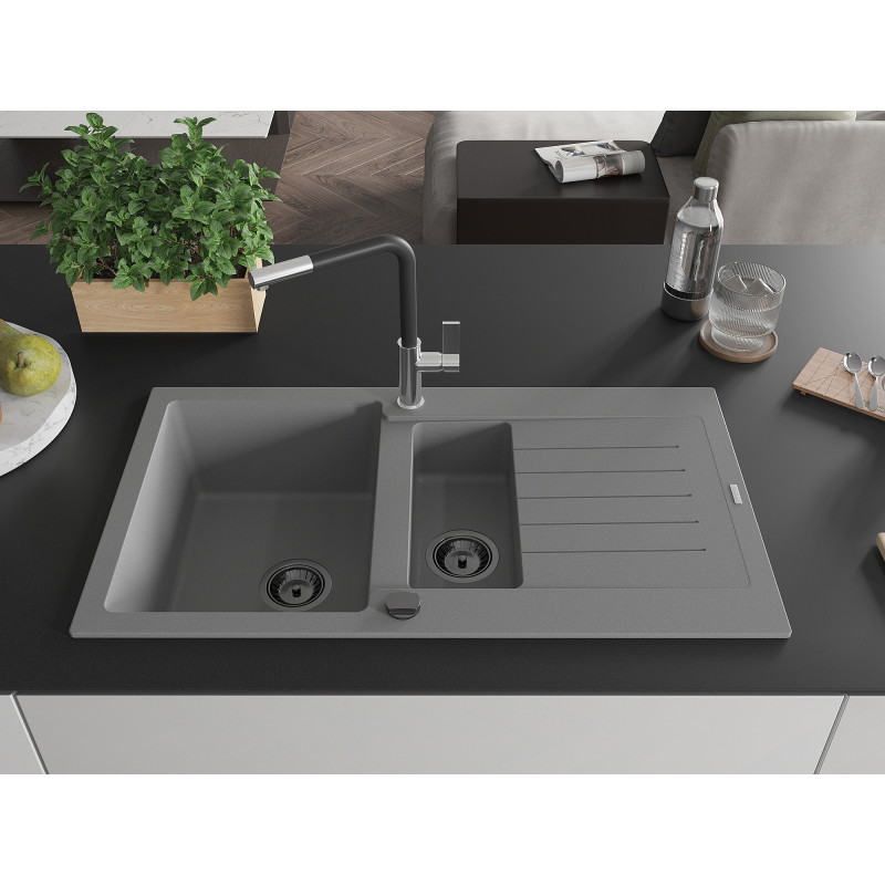 Mexen Matias 1,5-Kammer-Granitanlage mit Abtropffläche und Küchenarmatur Flora, grau - 6502-71-670401-07-B