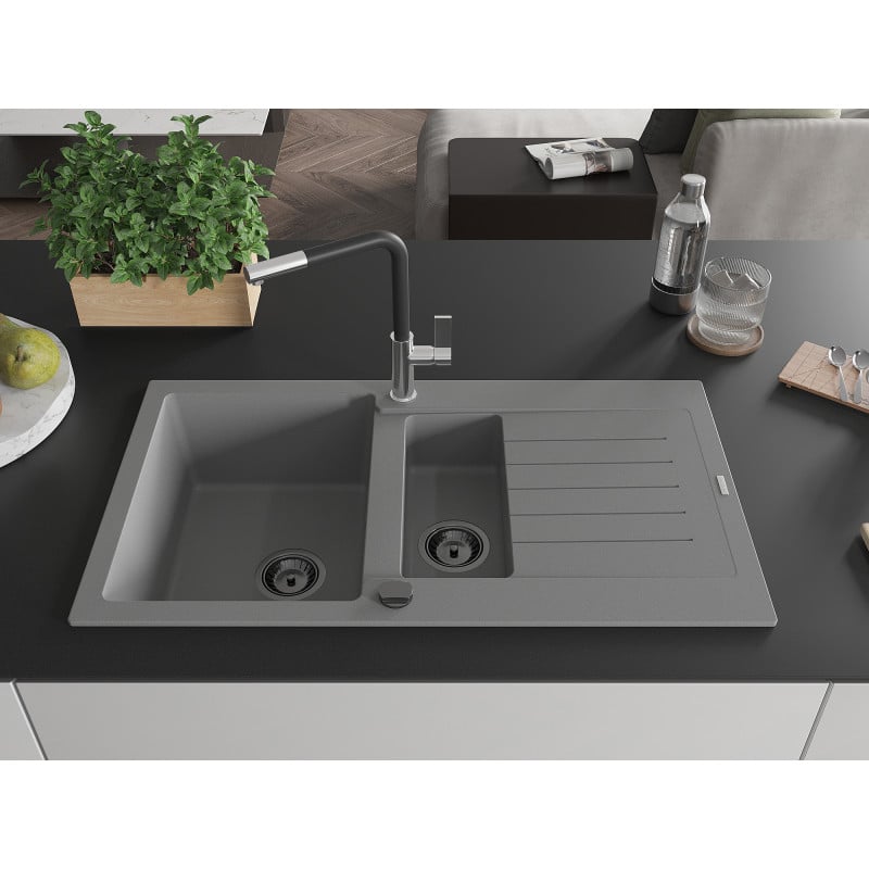 Mexen Matias Granitspüle, 1,5 Becken mit Abtropffläche und Küchenarmatur Flora, Grau - 6502-71-670401-07-B