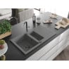 Mexen Matias Granitspüle, 1,5 Becken mit Abtropffläche und Küchenarmatur Flora, Grau - 6502-71-670401-07-B