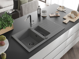Mexen Matias Granitspüle, 1,5 Becken mit Abtropffläche und Küchenarmatur Flora, Grau - 6502-71-670401-07-B