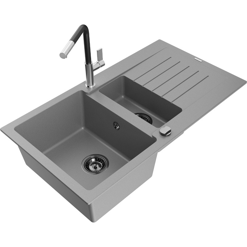 Mexen Matias 1,5-Kammer-Granitanlage mit Abtropffläche und Küchenarmatur Flora, grau - 6502-71-670401-07-B