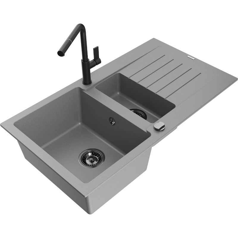 Mexen Matias 1,5-Kammer-Granitspeüle mit Abtropffläche und Küchenarmatur Flora, grau - 6502-71-670401-70-B