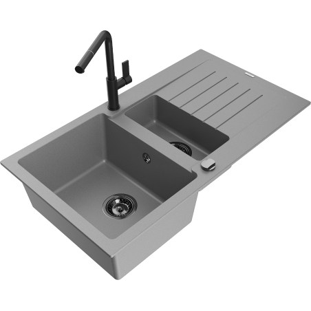 Mexen Matias granitspüle 1,5-becken mit abtropffläche und küchenarmatur Flora, grau - 6502-71-670401-70-B