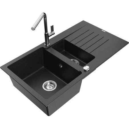Mexen Matias Granitspüle 1,5-Becken mit Abtropffläche und Küchenarmatur Flora, schwarz/silber - 6502-73-670401-00
