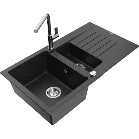 Mexen Matias granitspüle 1,5-fach mit abtropffläche und küchenarmatur Flora, schwarz/silber - 6502-73-670401-00