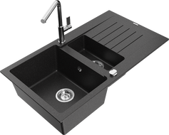 Mexen Matias Granitspüle 1,5-Becken mit Abtropffläche und Küchenarmatur Flora, schwarz/silber - 6502-73-670401-00