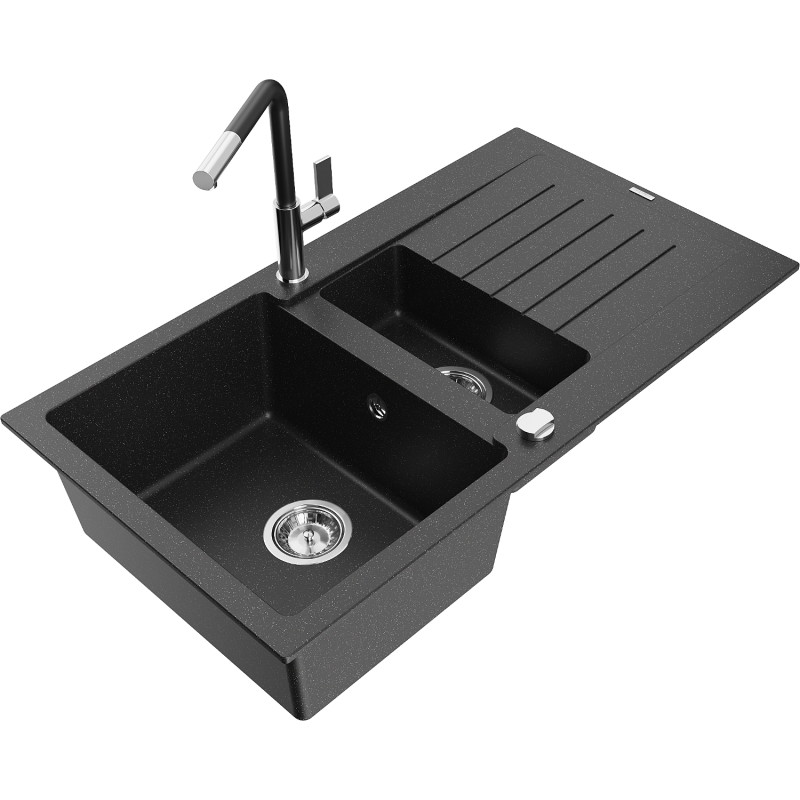 Mexen Matias granitspüle 1,5-becken mit abtropffläche und küchenarmatur Flora, schwarz/silber - 6502-73-670401-07