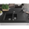 Mexen Matias Granitspüle 1,5-Schüssel mit Abtropffläche und Küchenarmatur Flora, schwarz/silber - 6502-73-670401-07