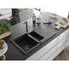 Mexen Matias Granitspüle 1,5-Becken mit Abtropffläche und Küchenarmatur Flora, schwarz/silber - 6502-73-670401-07-B