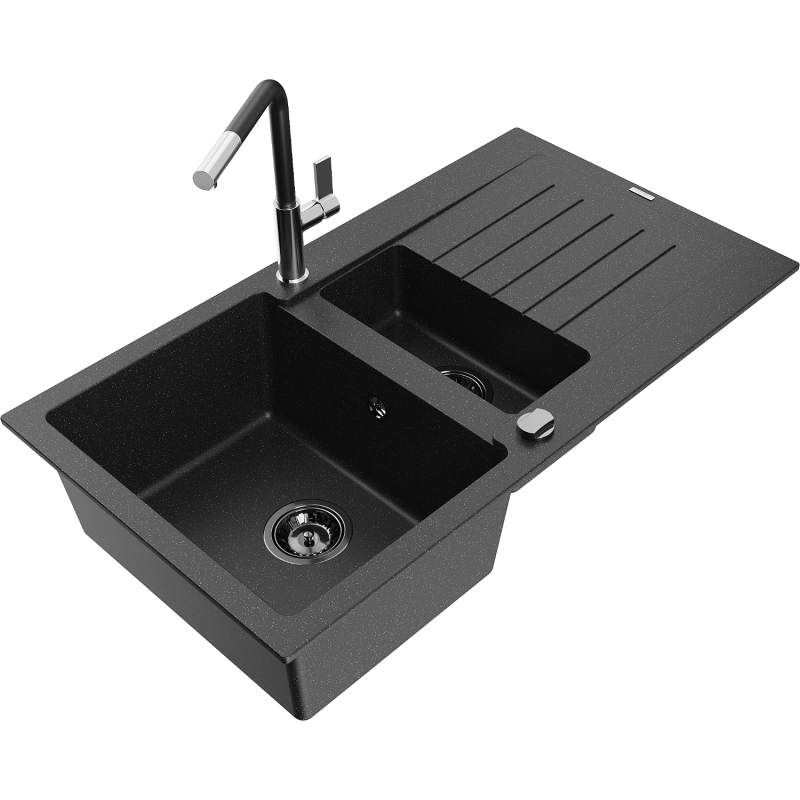 Mexen Matias Granitspüle 1,5-Becken mit Abtropffläche und Küchenarmatur Flora, schwarz/silber - 6502-73-670401-07-B