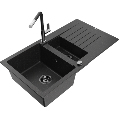 Mexen Matias 1,5-Kammer-Granitsprüg mit Abtropffläche und Küchenarmatur Flora, schwarz/silber - 6502-73-670401-07-B
