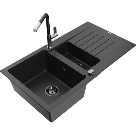 Mexen Matias Granitspüle 1,5-Becken mit Abtropffläche und Küchenarmatur Flora, schwarz/silber - 6502-73-670401-07-B