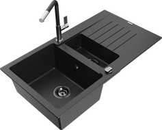 Mexen Matias Granitspüle 1,5-Becken mit Abtropffläche und Küchenarmatur Flora, schwarz/silber - 6502-73-670401-07-B