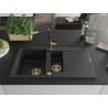 Mexen Matias Granitspüle 1,5 Becken mit Abtropffläche und Küchenarmatur Flora, schwarz/silber - 6502-73-670401-57-G