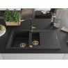 Mexen Matias Granitspüle 1,5-Kammern mit Abtropffläche und Küchenarmatur Flora, schwarz/silber - 6502-73-670401-57-G