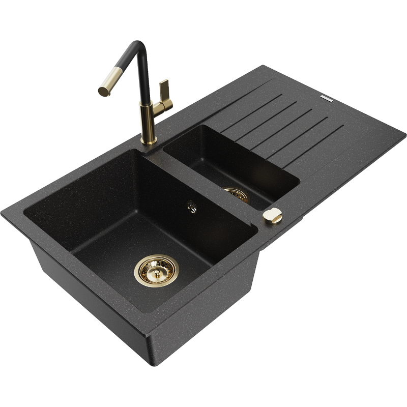 Mexen Matias Granitspüle 1,5 Becken mit Abtropffläche und Küchenarmatur Flora, schwarz/silber - 6502-73-670401-57-G