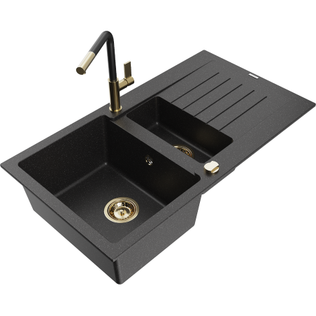 Mexen Matias Granitspüle 1,5 Becken mit Abtropffläche und Küchenarmatur Flora, schwarz/silber - 6502-73-670401-57-G