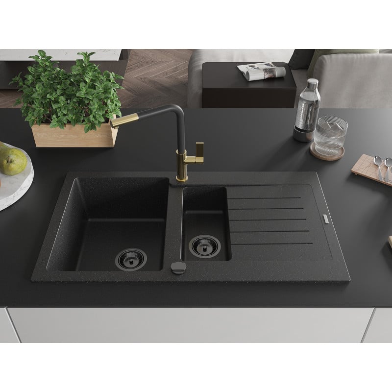 Mexen Matias Granitspüle 1,5-Becken mit Abtropffläche und Küchenarmatur Flora, schwarz/silber - 6502-73-670401-57-B