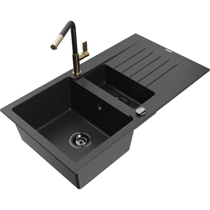 Mexen Matias Granitspüle 1,5-Becken mit Abtropffläche und Küchenarmatur Flora, schwarz/silber - 6502-73-670401-57-B