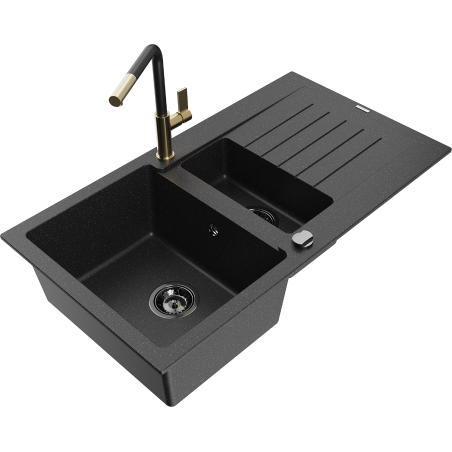 Mexen Matias Granit-Spüle 1,5-Becken mit Abtropffläche und Küchenarmatur Flora, schwarz/silber - 6502-73-670401-57-B