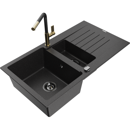 Mexen Matias Granitspüle 1,5-Becken mit Abtropffläche und Küchenarmatur Flora, schwarz/silber - 6502-73-670401-57-B