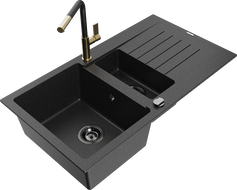 Mexen Matias Granitspüle 1,5-Becken mit Abtropffläche und Küchenarmatur Flora, schwarz/silber - 6502-73-670401-57-B