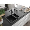 Mexen Matias Granitspüle 1,5-kammerig mit Abtropffläche und Küchenarmatur Flora, schwarz/silber - 6502-73-670401-70-B