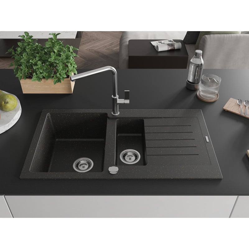 Mexen Matias Granitspüle 1,5-Becken mit Abtropffläche und Küchenarmatur Flora, schwarz/gold metallic - 6502-75-670401-00