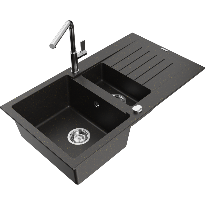 Mexen Matias Granitspüle 1,5-Becken mit Abtropffläche und Küchenarmatur Flora, schwarz/gold metallic - 6502-75-670401-00