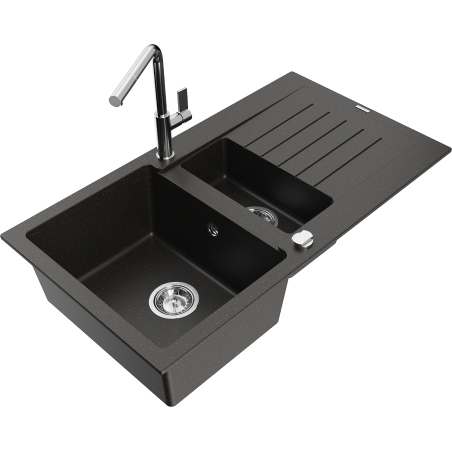 Mexen Matias Granitspüle 1,5-Becken mit Abtropffläche und Küchenarmatur Flora, schwarz/gold metallic - 6502-75-670401-00