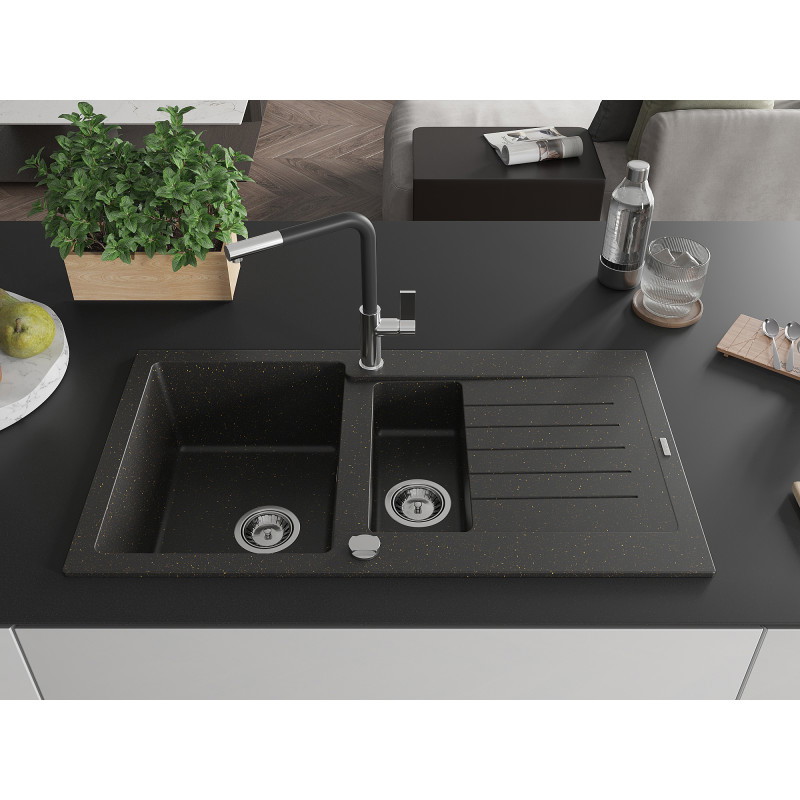 Mexen Matias Granitspüle 1,5-fach mit Abtropffläche und Küchenarmatur Flora, schwarz/gold metallic - 6502-75-670401-07