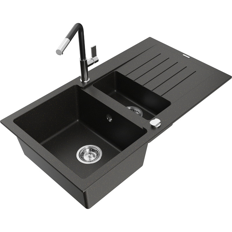Mexen Matias Granitspüle 1,5-Kammer mit Abtropffläche und Küchenarmatur Flora, schwarz/gold metallic - 6502-75-670401-07