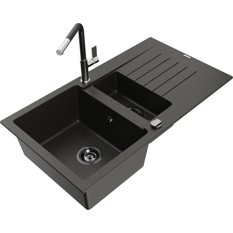 Mexen Matias 1,5-Schalen-Spülbecken aus Granit mit Abtropffläche und Küchenarmatur Flora, schwarz/gold - 6502-75-670401-07-B