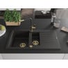 Mexen Matias Granitspüle 1,5-Becken mit Abtropffläche und Küchenarmatur Flora, schwarz/gold - 6502-75-670401-57-G