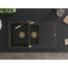 Mexen Matias Granitspüle 1,5-Becken mit Abtropffläche und Küchenarmatur Flora, schwarz/gold - 6502-75-670401-57-G
