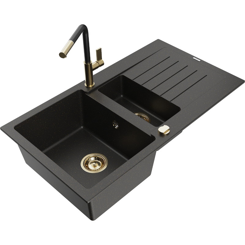 Mexen Matias 1,5-fachiges Granitspülbecken mit Abtropffläche und Küchenarmatur Flora, schwarz/gold - 6502-75-670401-57-G