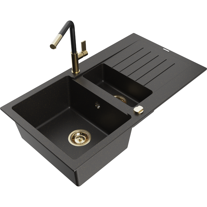 Mexen Matias Granitspüle 1,5-Becken mit Abtropffläche und Küchenarmatur Flora, schwarz/gold - 6502-75-670401-57-G